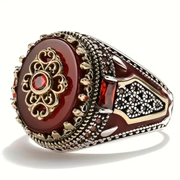 Crown Ring Engraved Eagle Print Red Synthetic Gemstone Ring Size 6 - Picture 3 of 6